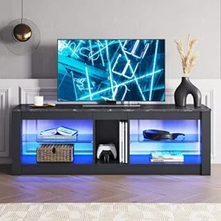 Adjustable LED Gaming Console TV Stand with Glass Shelves, Enhancing Modern Living Room Decor and Providing Stylish Gamer-Friendly Storage Solutions