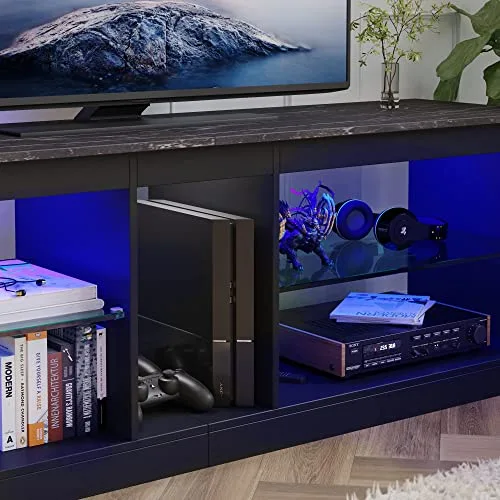 Modern Gaming Console TV Stand with LED Lights and Adjustable Glass Shelves, Perfect for Educators' Media Rooms or Classroom Entertainment Spaces.
