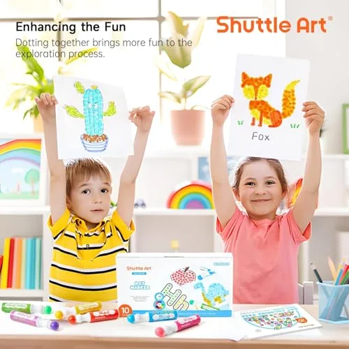 Shuttle Art's washable dot markers in 10 vibrant colors are ideal for kids' education and bingo, offering a safe and non-toxic creative experience.