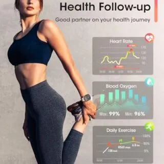 Woman tracking health metrics, showcasing fitness progress.