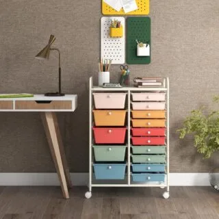 15-Drawer Rolling Storage Cart for Classroom Organization and Art Supplies, featuring a colorful design, perfect for efficient storage and easy mobility.