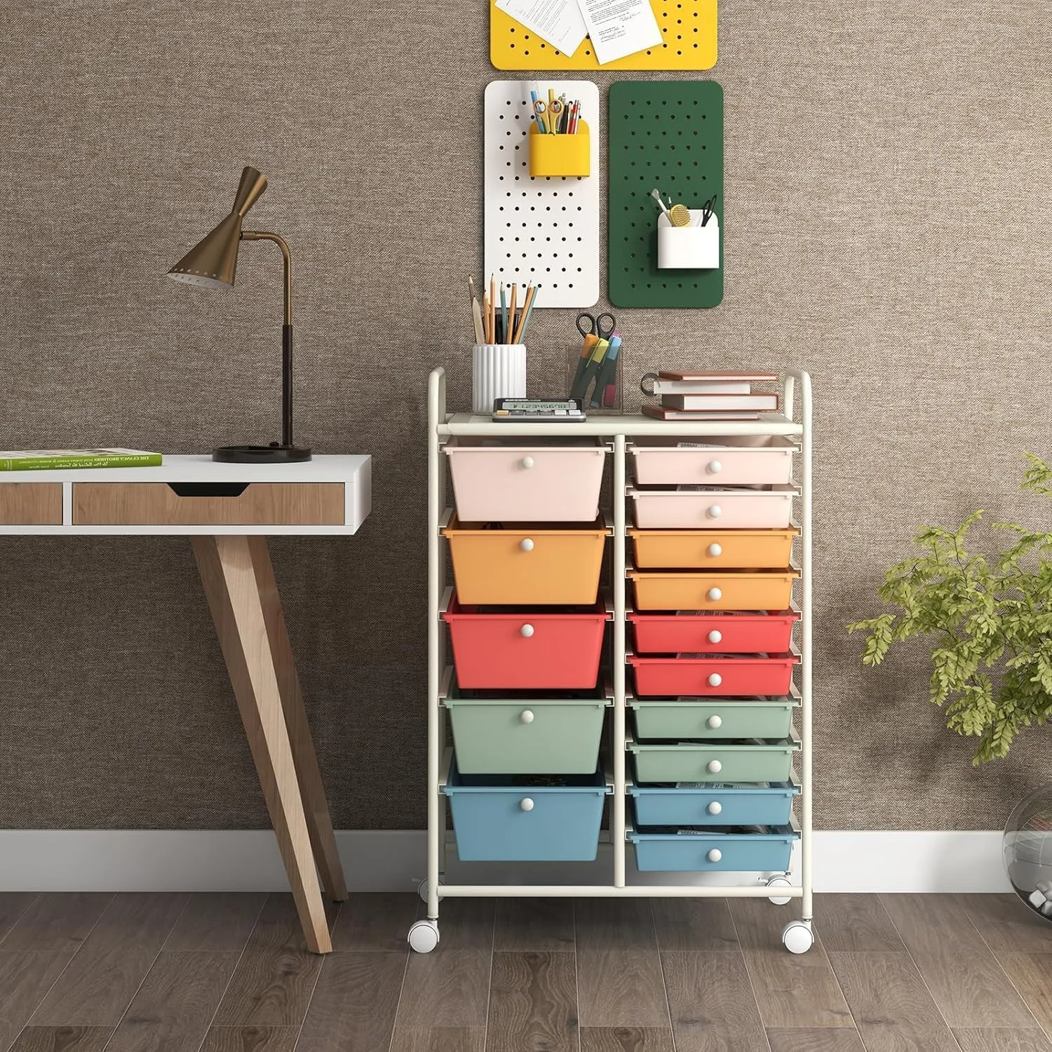 15-Drawer Rolling Storage Cart for Classroom Organization and Art Supplies, featuring a colorful design, perfect for efficient storage and easy mobility.