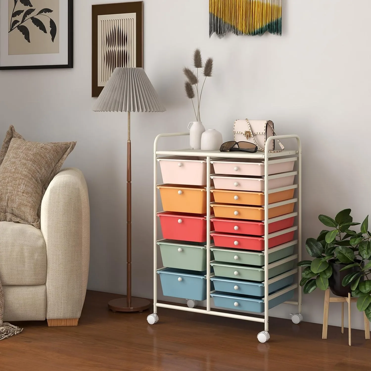 Efficiently organize art and craft supplies with a classroom storage cart featuring 15 drawers and smooth-rolling wheels for easy access and mobility.
