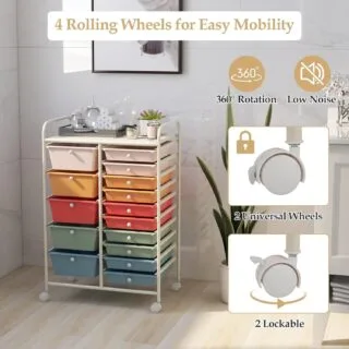 Organized classroom with a 15-drawer rolling cart for efficient art and craft supply storage, enhancing creativity and accessibility in learning spaces.