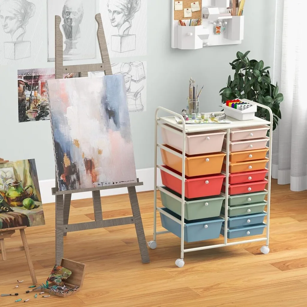 Vibrant 15-drawer rolling storage cart ideal for classroom and art supplies organization, enhancing accessibility and efficient storage solutions.