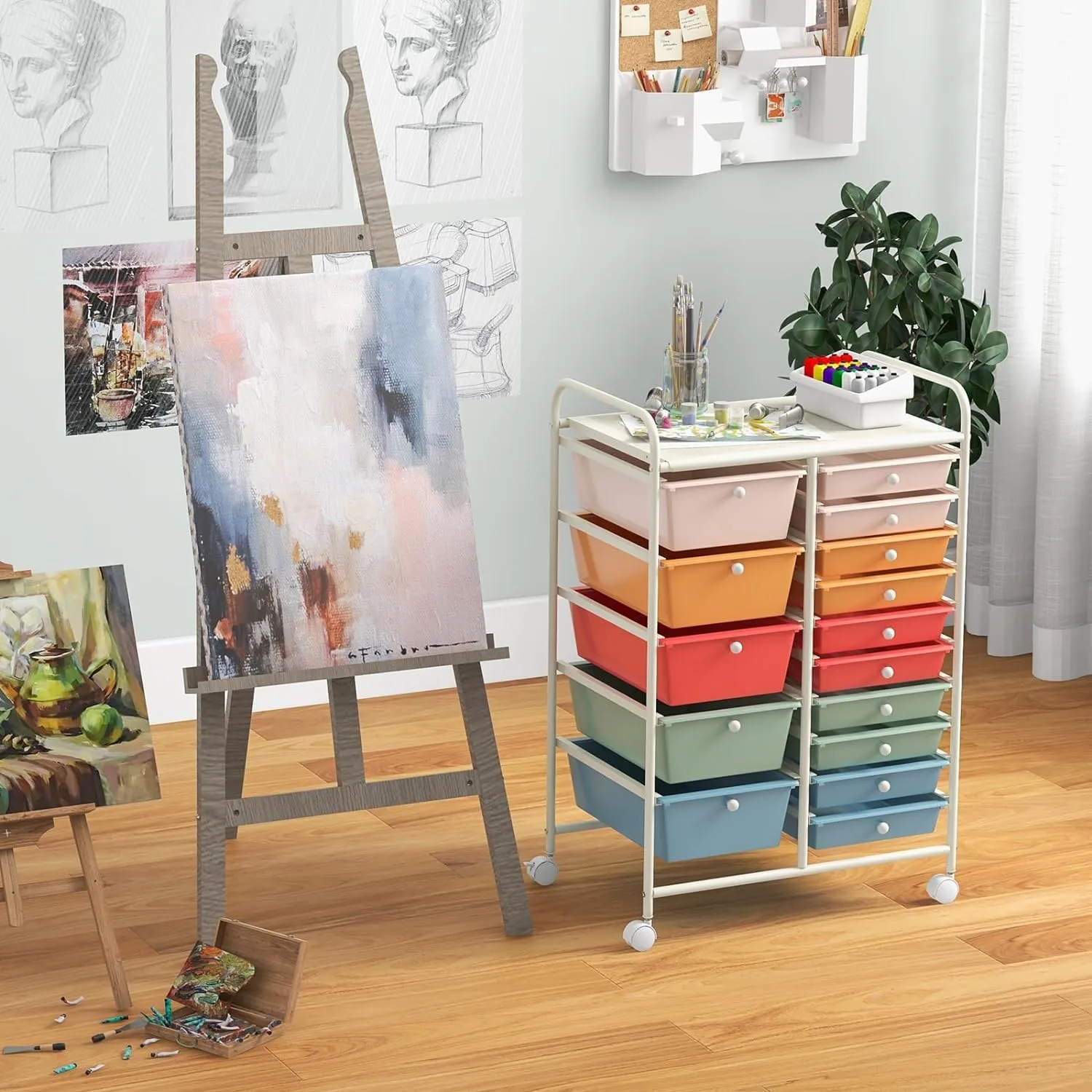 Vibrant 15-drawer rolling storage cart ideal for classroom and art supplies organization, enhancing accessibility and efficient storage solutions.