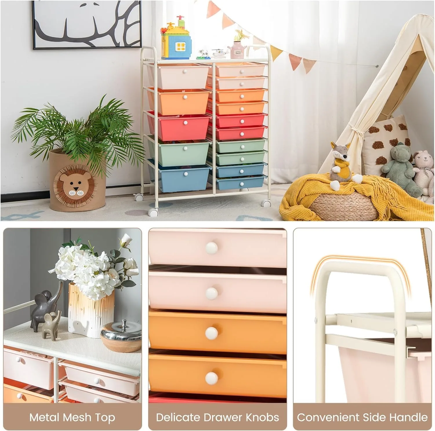 Rolling Storage Cart with 15 Drawers: Ideal for Classroom and Art Supply Organization, Providing Compact and Efficient Storage Solutions for Teachers.