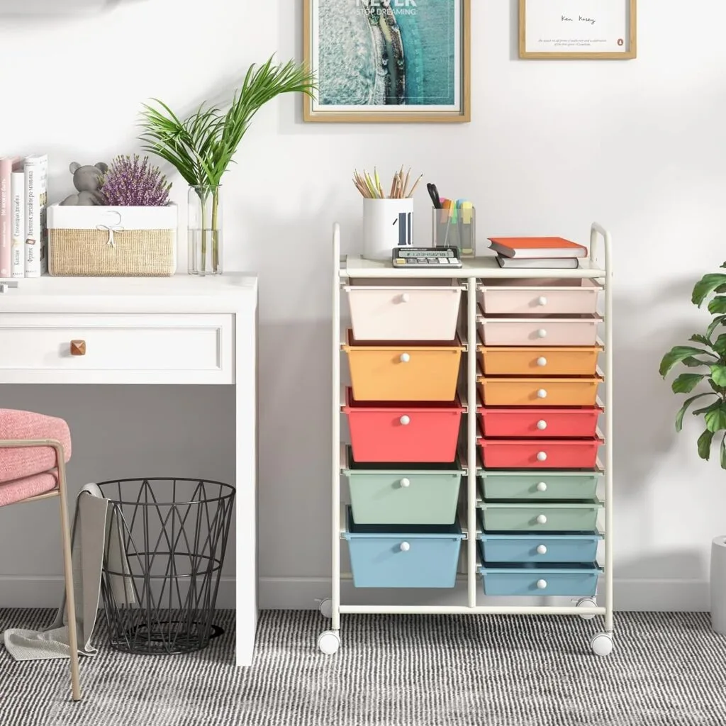 15 drawer rolling storage cart for classroom organization | art & craft supplies for educators
