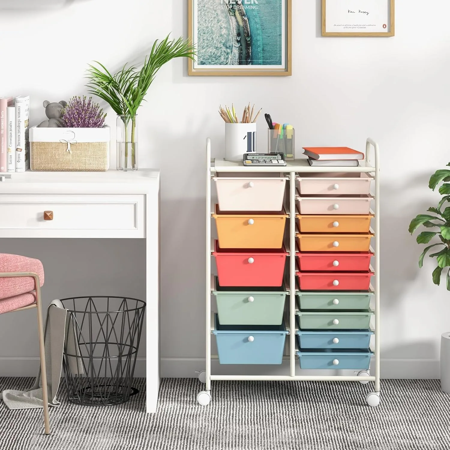 15 drawer rolling storage cart for classroom organization | art & craft supplies for educators