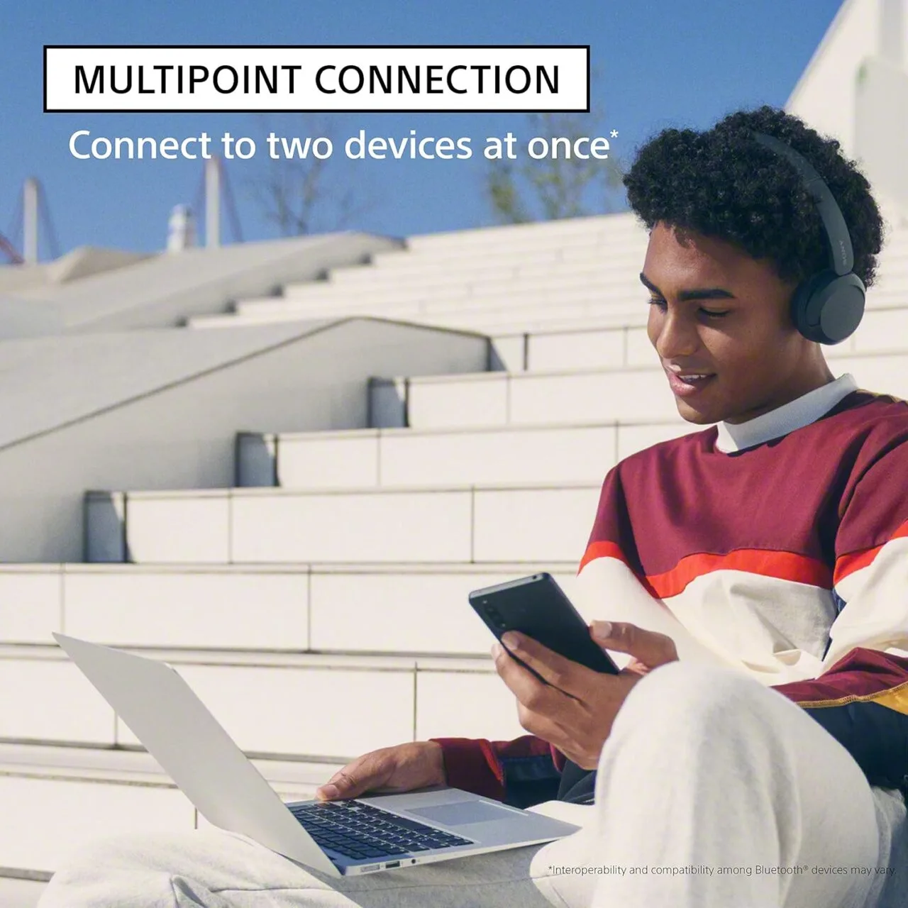 Sony WH-CH520 Blue Wireless On-Ear Headset - Ideal Bluetooth Audio Solution for Educators Looking for Quality Sound and Comfort in Classrooms.