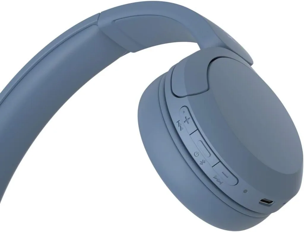 Blue Sony WH-CH520 Bluetooth headset offers educator-friendly, on-ear wireless audio with a built-in microphone for seamless communication.