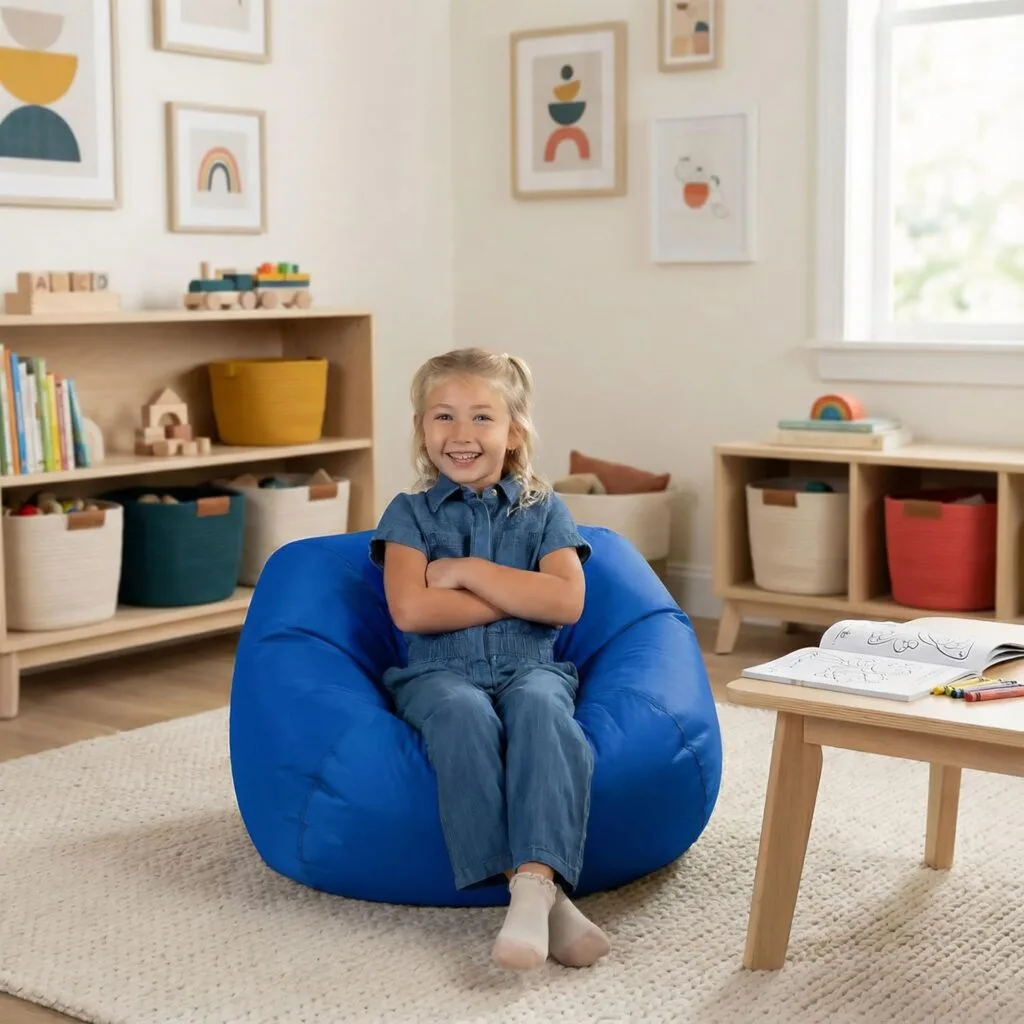 Sapphire blue bean bag chair designed for classroom space, offering comfort and durability; ideal for enhancing learning environments.