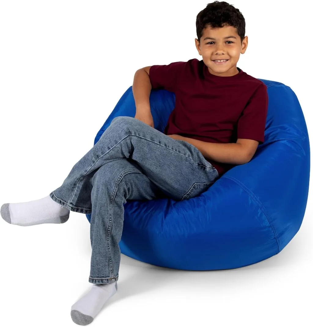 Sapphire blue bean bag chair designed for classroom relaxation, offering durable comfort and support for students during study breaks.