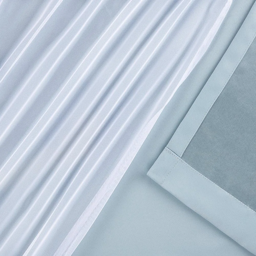 Elegant Luxe Talia Classroom Curtains feature double-layer sheer and blackout grommet style drapes, enhancing classroom functionality and style.