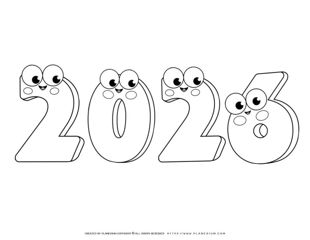 Cute New Year 2026 numbers coloring page, perfect for kids. Enjoy printable activities that spark creativity and celebrate the new year!