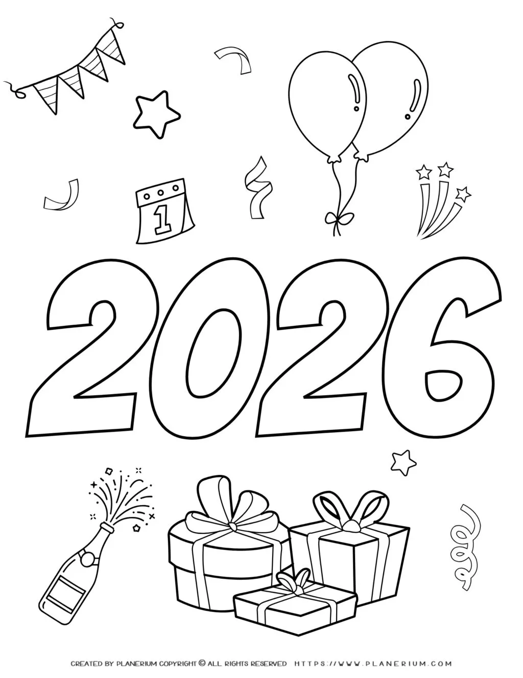 Printable 2026 New Year Celebration Coloring Page for Kids: Perfect for Fun and Festive Party Activities. Ideal for Engaging and Creative Playtime.