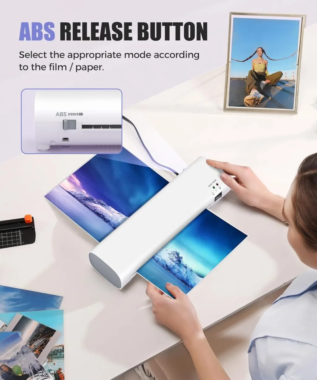 9-Inch All-in-One A4 Laminator designed for teachers and schools, featuring anti-jam technology and efficient thermal sealing and trimming capabilities.