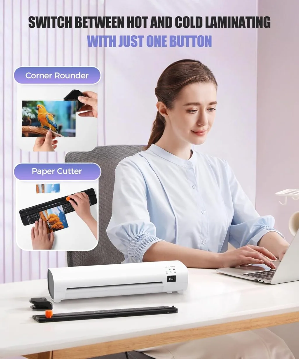 9-inch all-in-one thermal laminator designed for A4 documents, featuring an anti-jam function—ideal for teachers and educational settings.