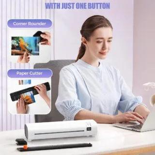 9-inch all-in-one thermal laminator designed for A4 documents, featuring an anti-jam function—ideal for teachers and educational settings.