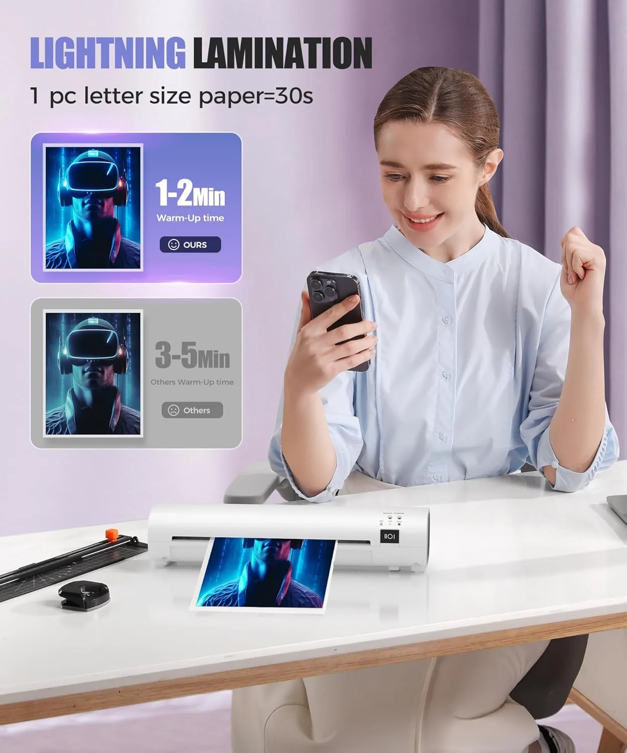 9-inch all-in-one laminator perfect for teachers and schools, featuring anti-jam technology and an A4 thermal sealing trimmer. Ideal for classroom use.