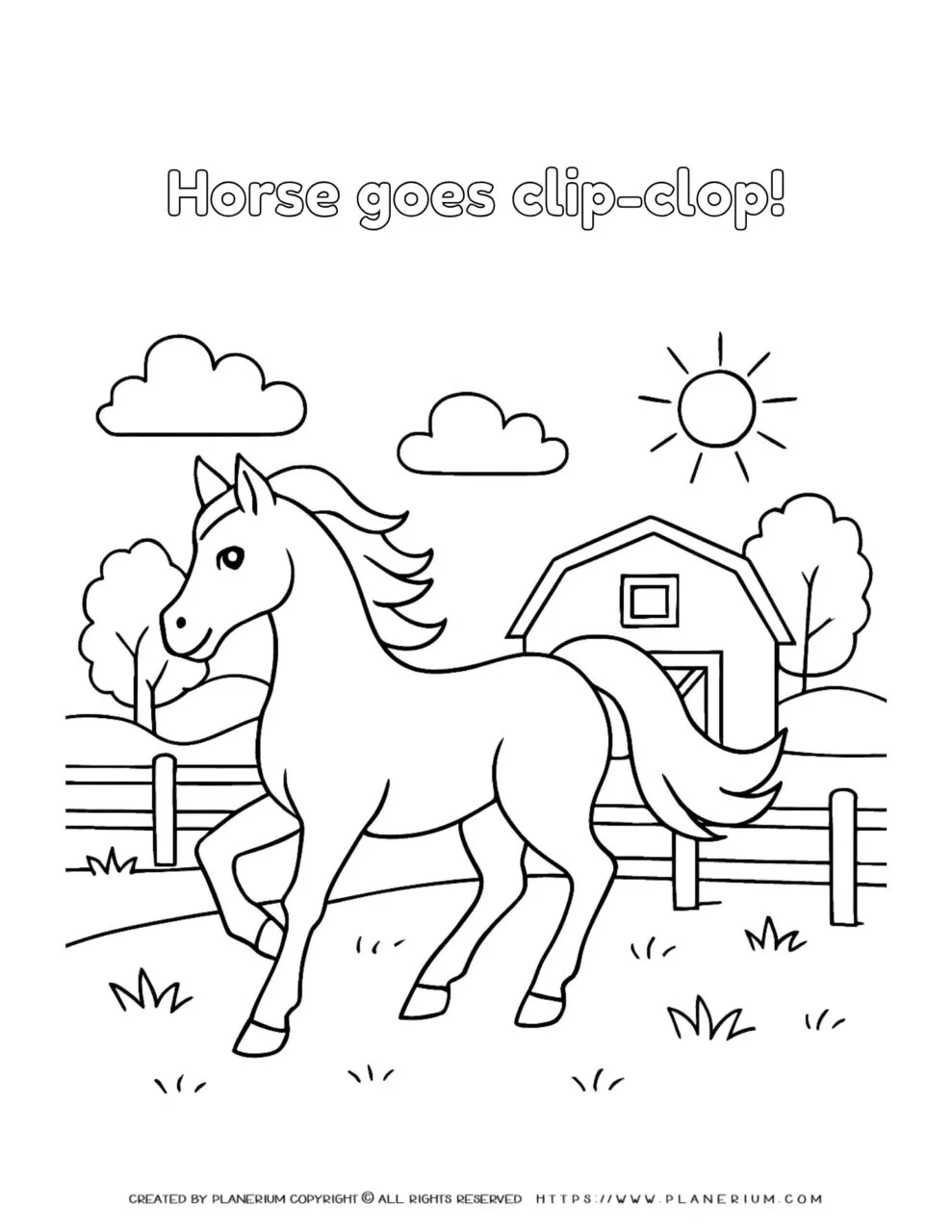 Kids' Coloring Page: Charming Horse on a Farm - Engaging and Fun Artwork for Children