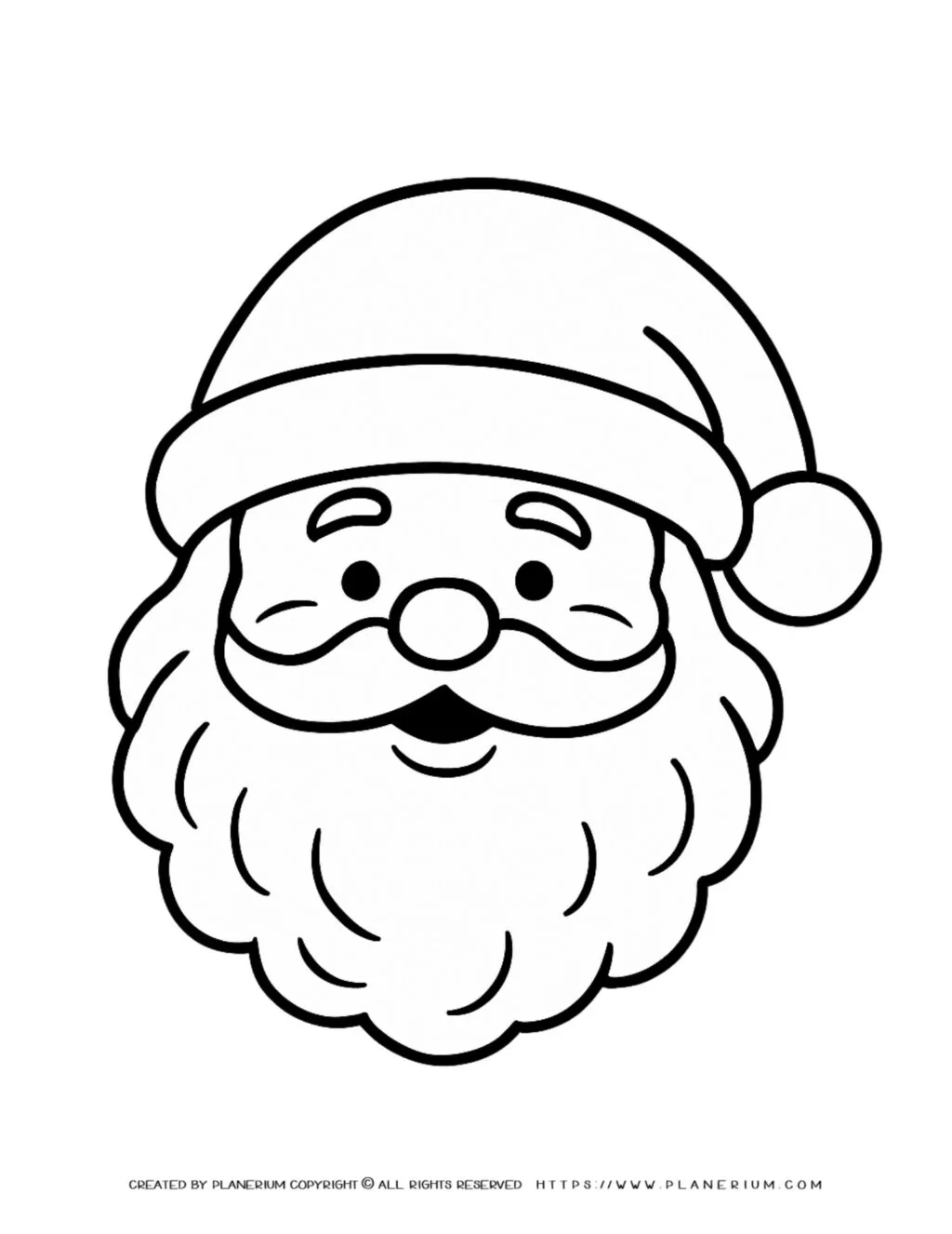 Coloring page featuring an adorable Santa face, perfect for a fun Christmas activity for kids. Ideal printable for festive holiday enjoyment.