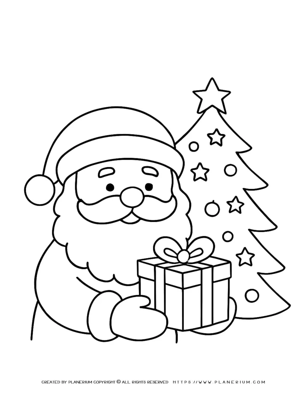 Santa Claus delivers gifts under a decorated Christmas tree in this engaging coloring page, perfect for kids to enjoy festive creativity.