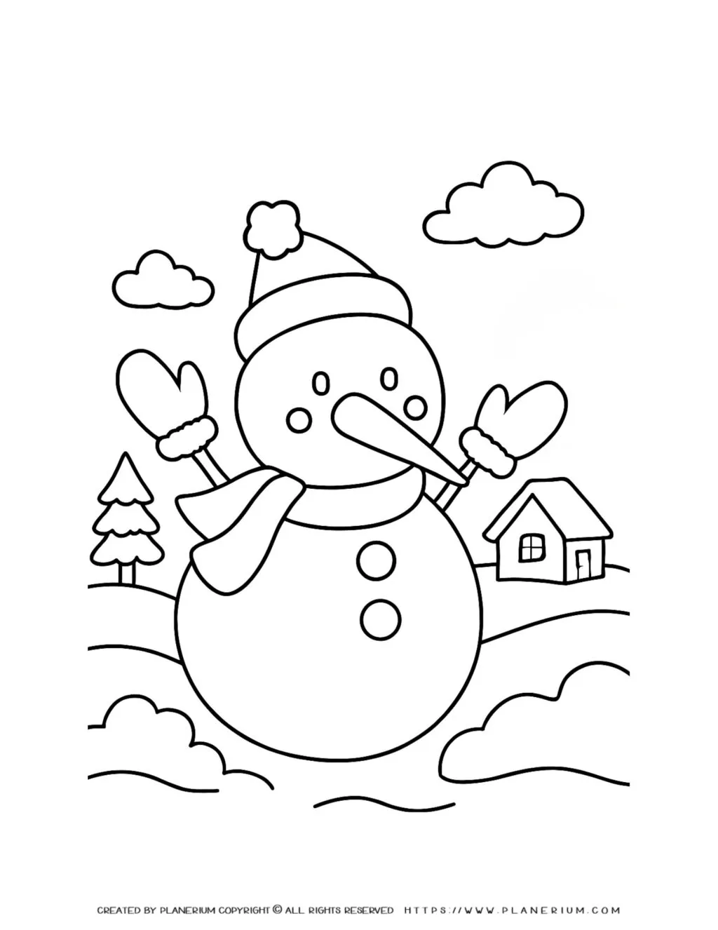 Charming Snowman Coloring Page Featuring a Winter Landscape, Perfect for Children's Holiday Activities. Ideal for Engaging and Festive Creativity.