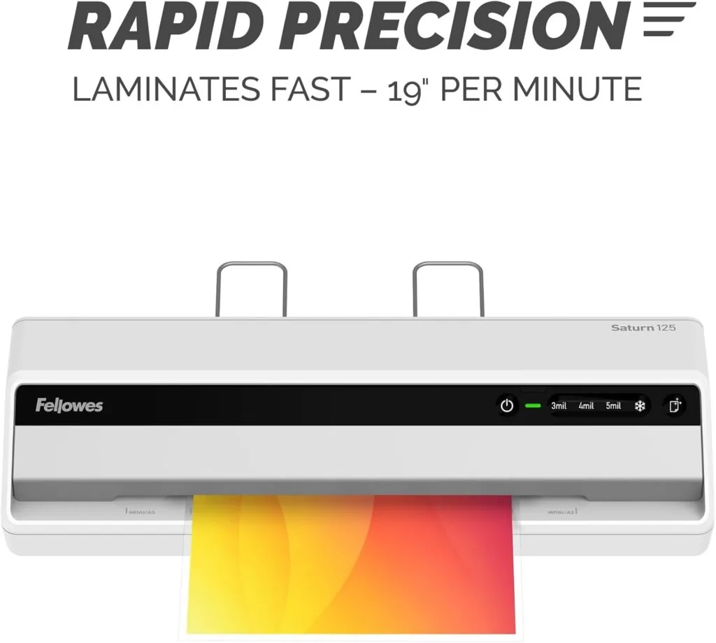 Fellowes Saturn 12.5-Inch Laminating Machine Starter Kit ideal for teachers, home and classroom projects, ensuring durable and professional results.