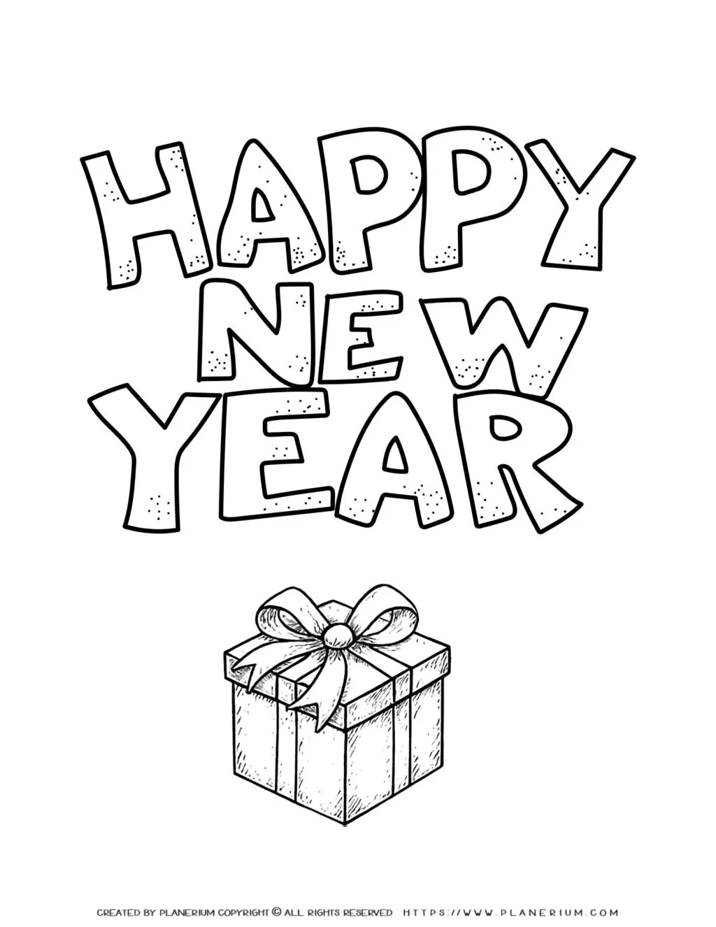 New Year Coloring Page for Kids: Celebrate with a Gift Box Design. Engaging festive activity to spark creativity and holiday joy. Ideal for children.