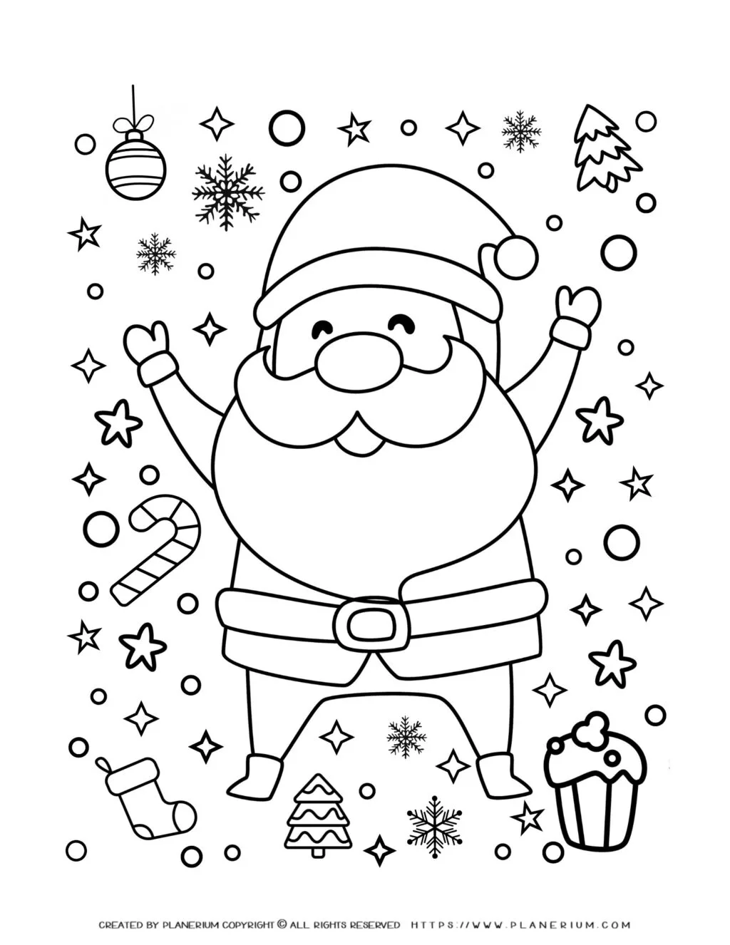 Printable Santa Claus Christmas coloring page featuring festive holiday icons and designs for a fun and creative seasonal activity.