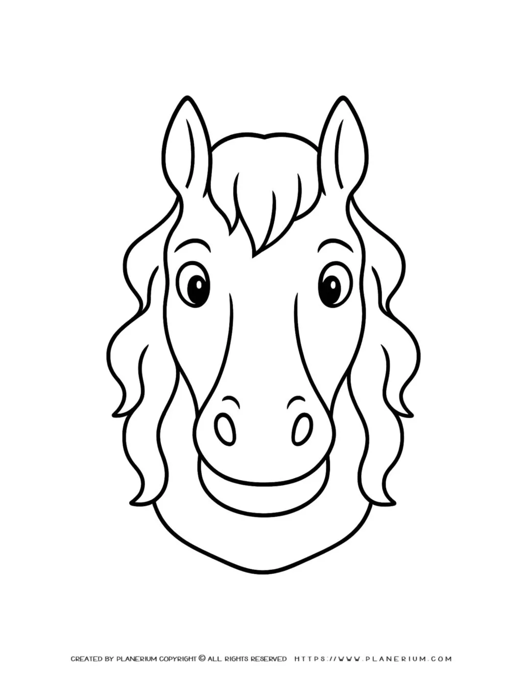 Engage children with a fun horse coloring sheet, featuring a cheerful horse face designed to inspire creativity and enhance motor skills.