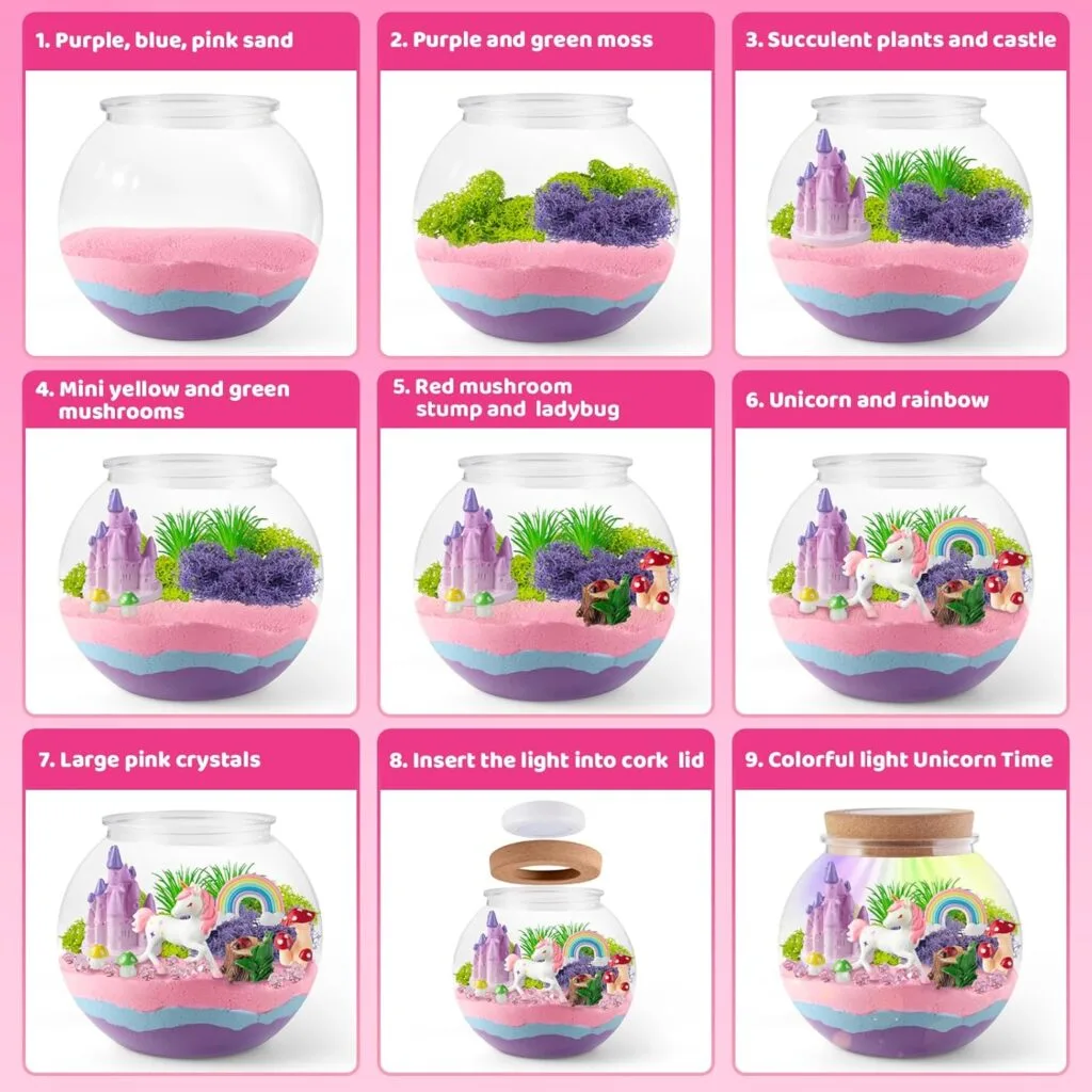 Joyeemax Unicorn Terrarium Kit for kids featuring an LED night light, perfect for creative play and imaginative gifting for children's rooms.