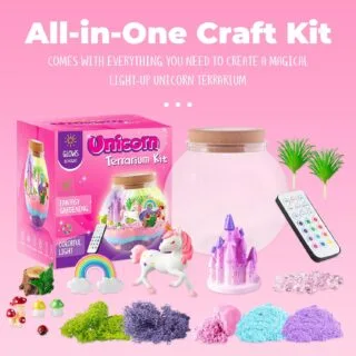 JoyeeMax Unicorn Terrarium Kit for Kids, featuring creative play and an enchanting LED night light for a magical imaginative experience.
