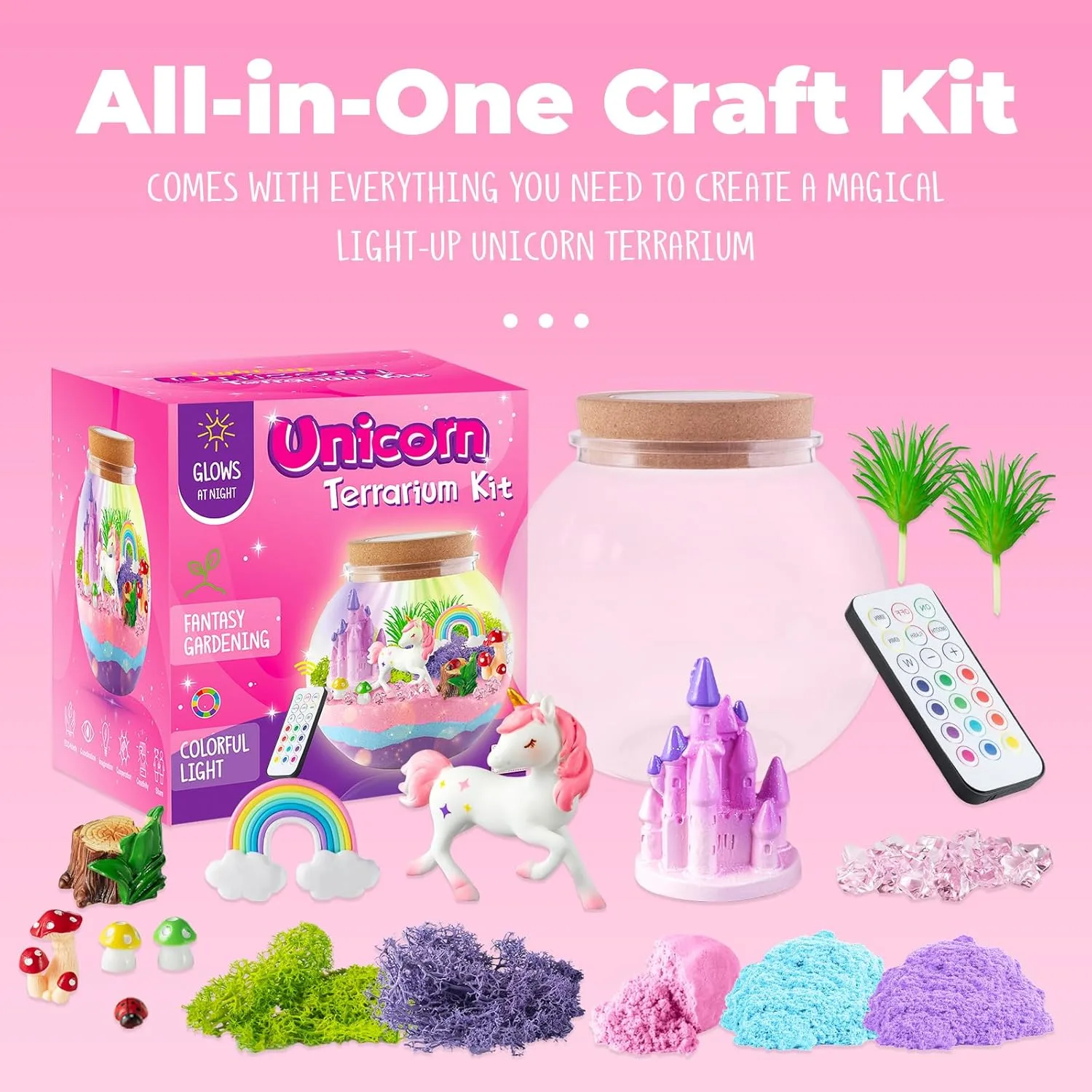 JoyeeMax Unicorn Terrarium Kit for Kids, featuring creative play and an enchanting LED night light for a magical imaginative experience.