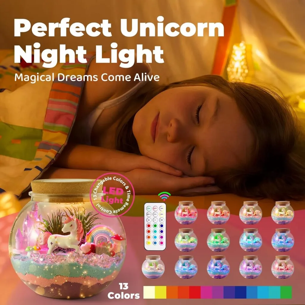 Unicorn terrarium kit for kids features an LED night light and colorful crystals, perfect for imaginative play and inspiring creativity at home.