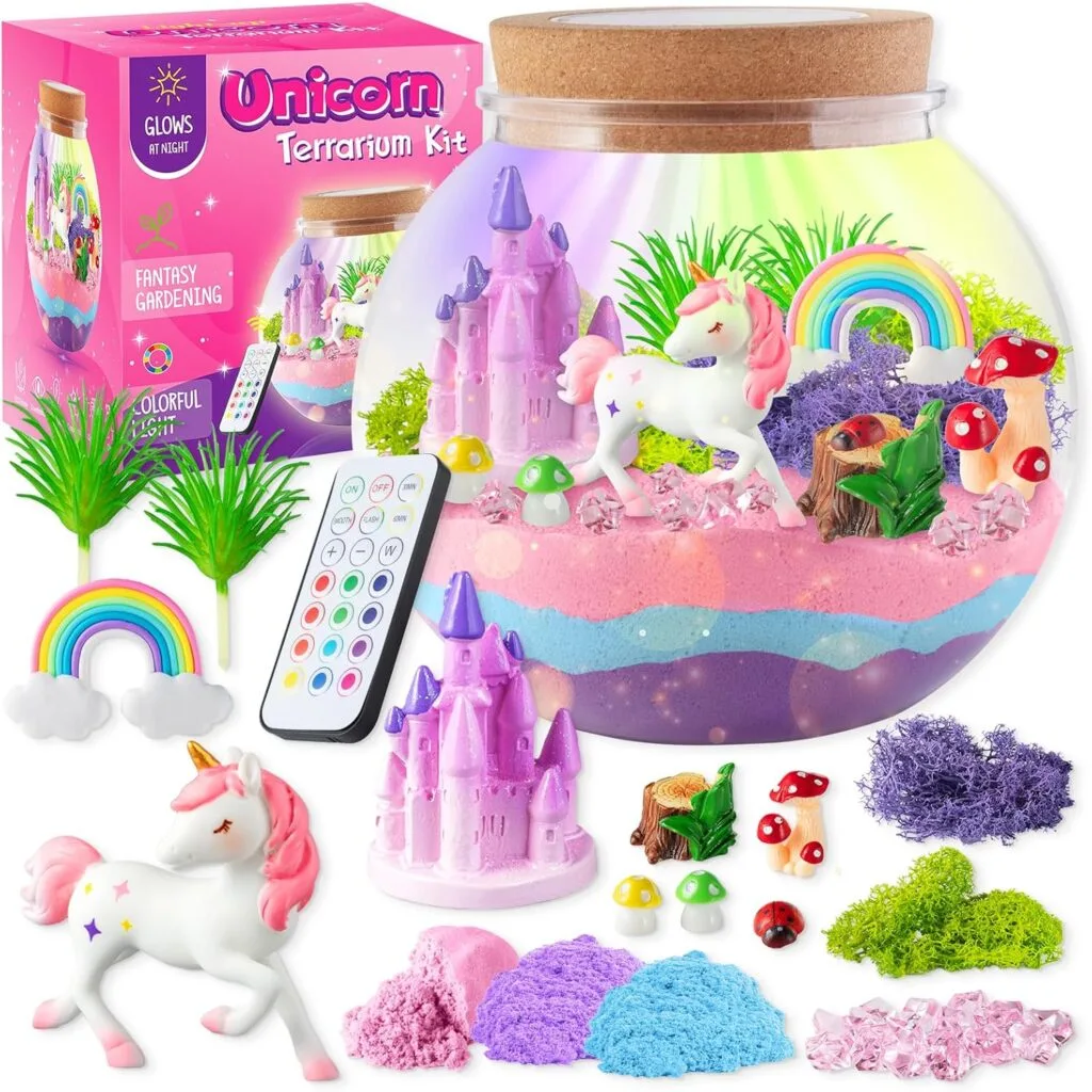 Unicorn terrarium kit for kids featuring a Joyeemax LED night light, perfect for creative play and imaginative activities. Ideal for gifting and decor.