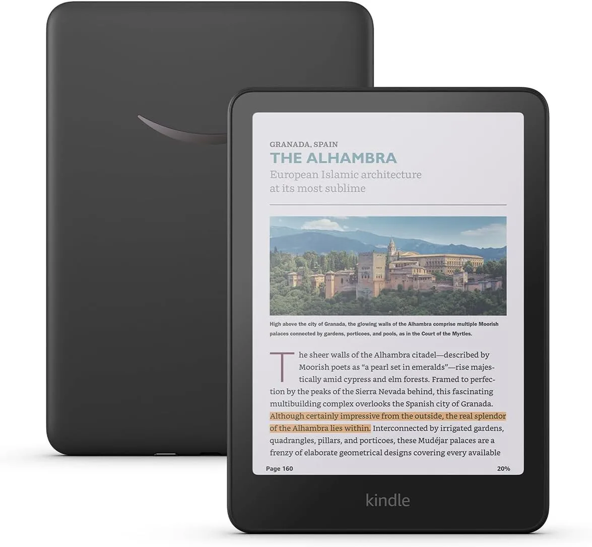 High-quality e-reader resembling a Kindle Oasis, featuring a 16GB color display and adjustable warm light for comfortable reading.