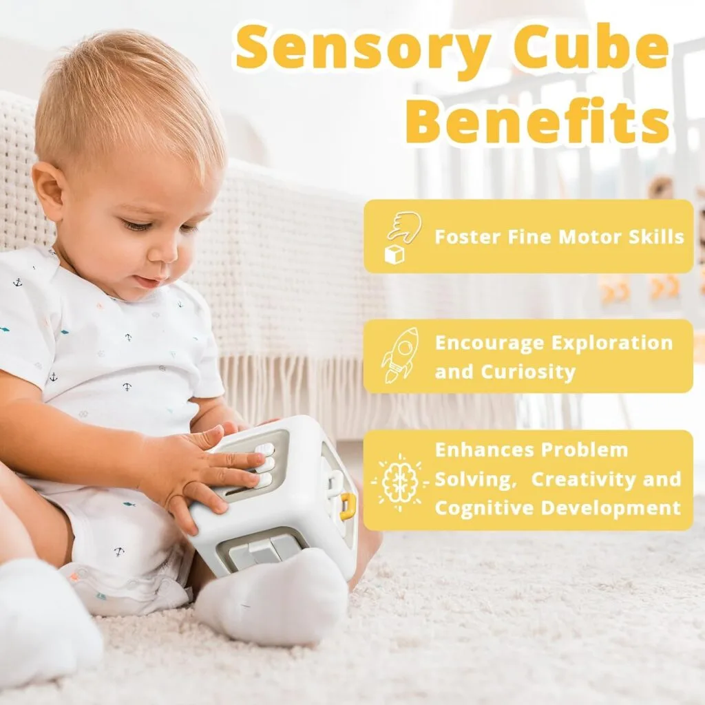 Montessori Busy Cube Sensory Toy for toddlers 1+ designed for interactive play and sensory exploration during travel and playtime activities.