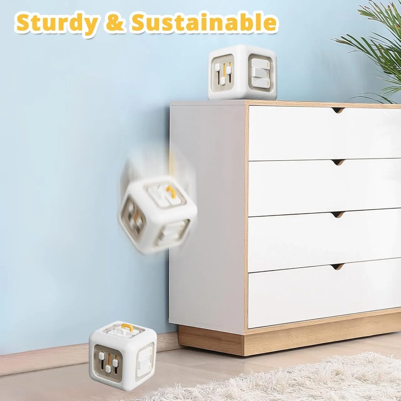 Montessori Busy Cube sensory toy designed for toddlers 1 year and older, perfect for travel and engaging sensory play. Ideal for skill development.