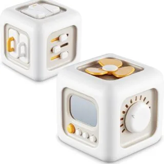 Montessori Busy Cube: Engaging sensory travel toy designed for toddlers aged 1 and older, enhancing fine motor skills and exploration.