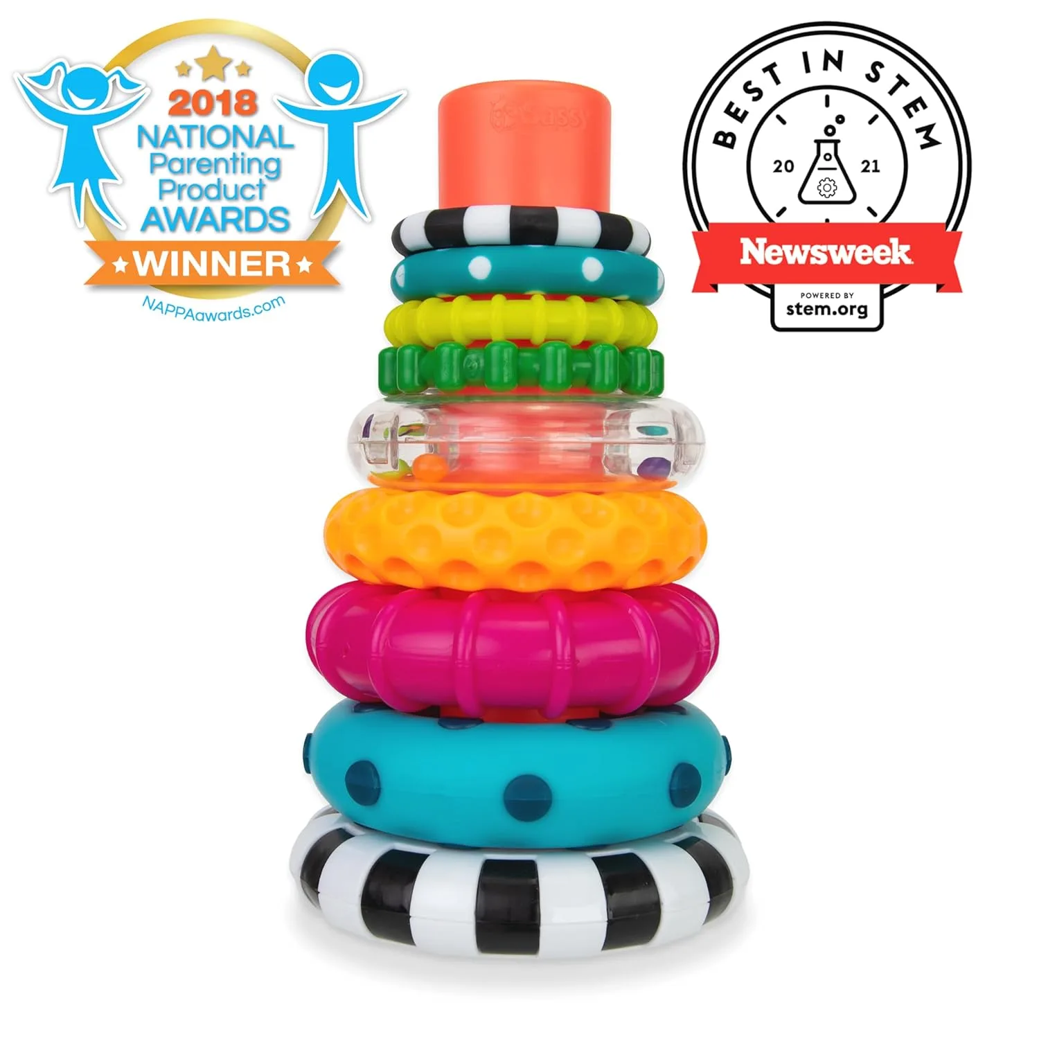 Colorful stackable rings set designed for STEM learning, perfect building blocks toy for children aged 6 and above to enhance creativity and skills.