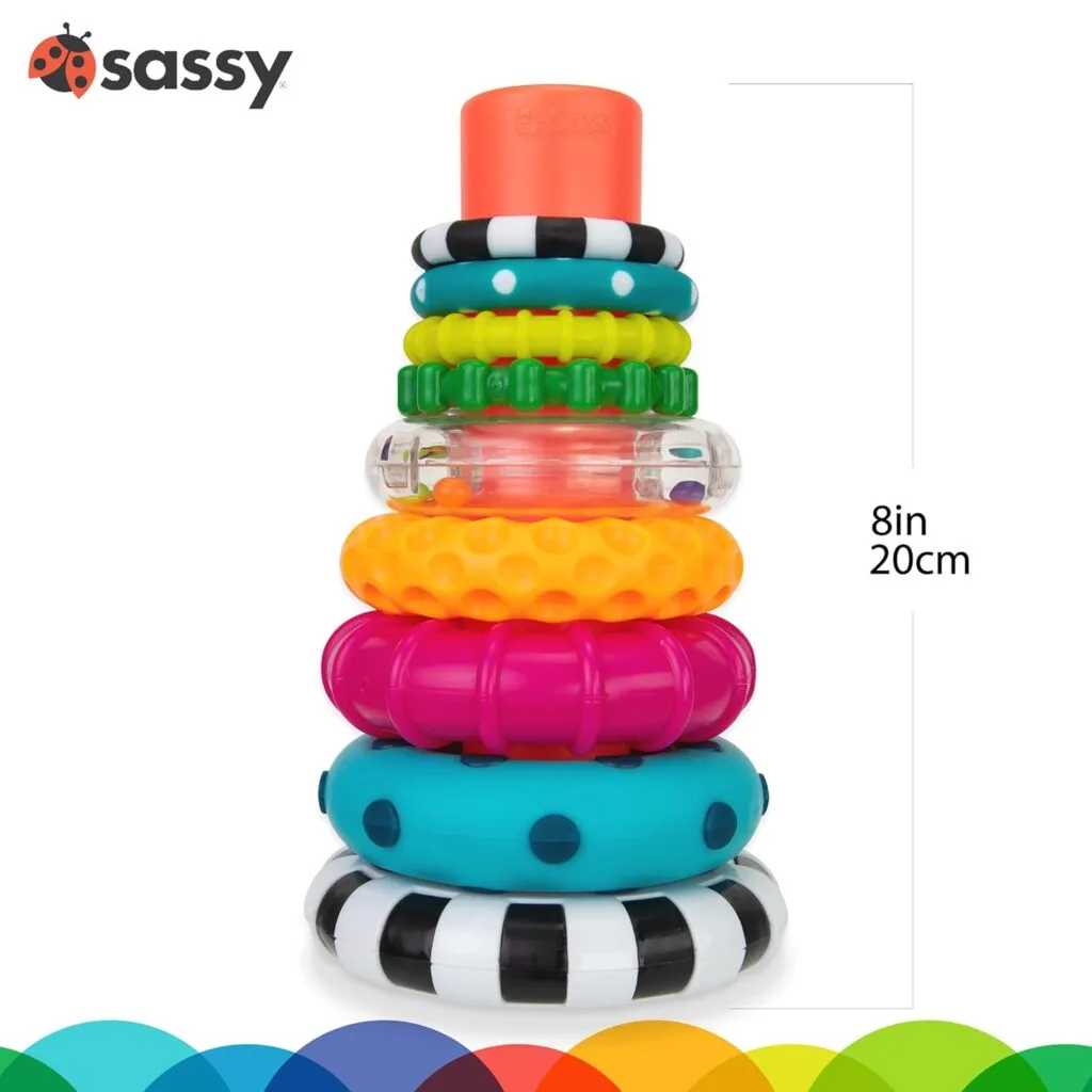 Colorful stackable rings set designed for STEM learning, perfect for children aged 6 and older to enhance their cognitive skills and coordination.