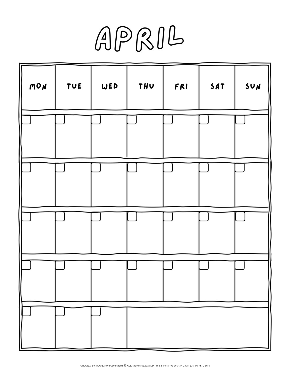 Printable blank April calendar with a Monday-to-Sunday grid