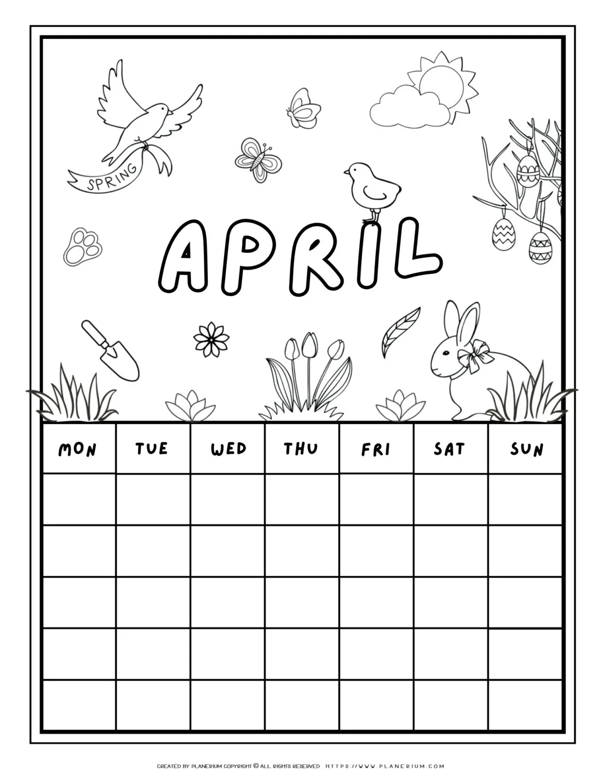 Printable April calendar coloring page with spring illustrations like a bunny, tulips, and Easter eggs