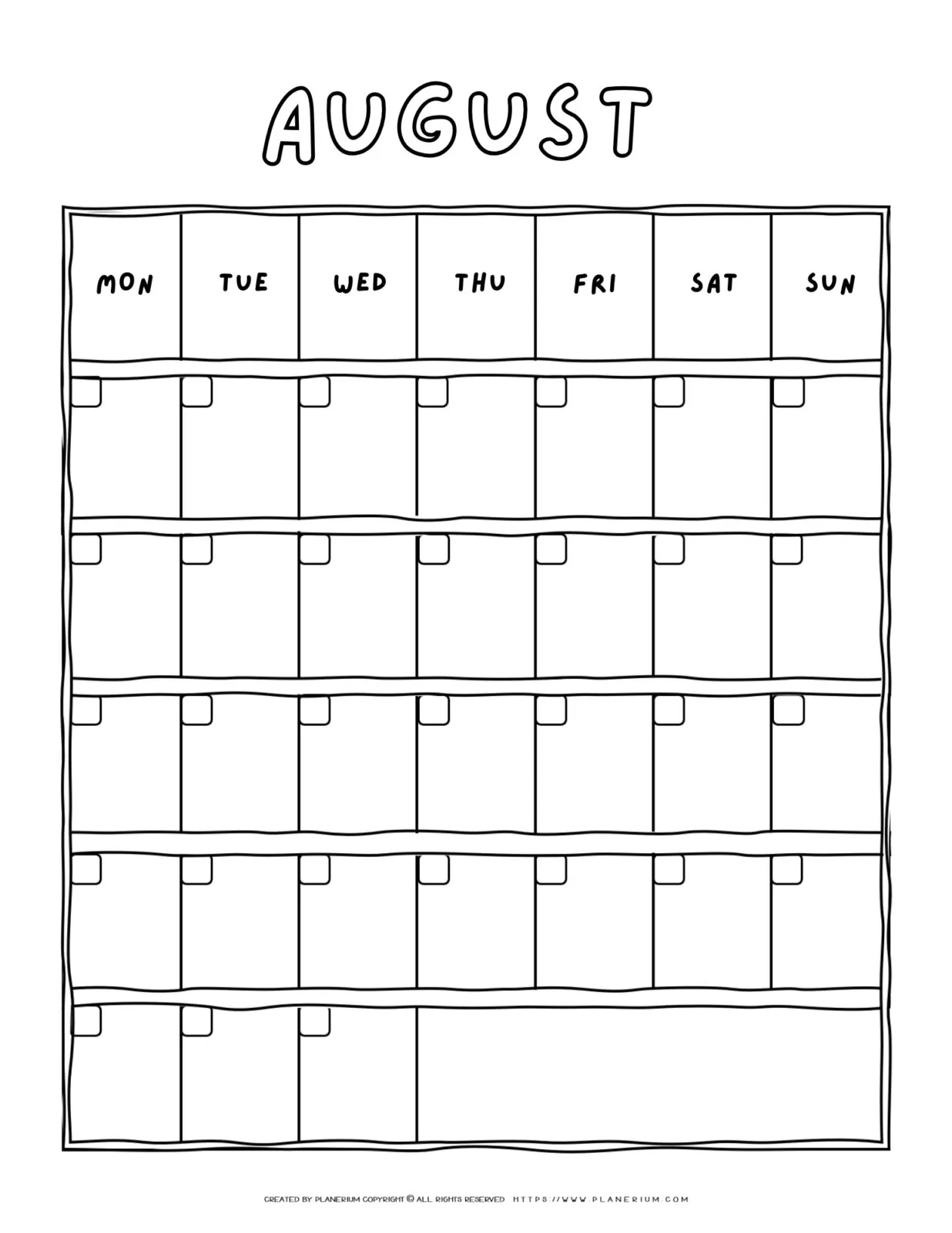 Printable blank August calendar with a Monday-to-Sunday grid