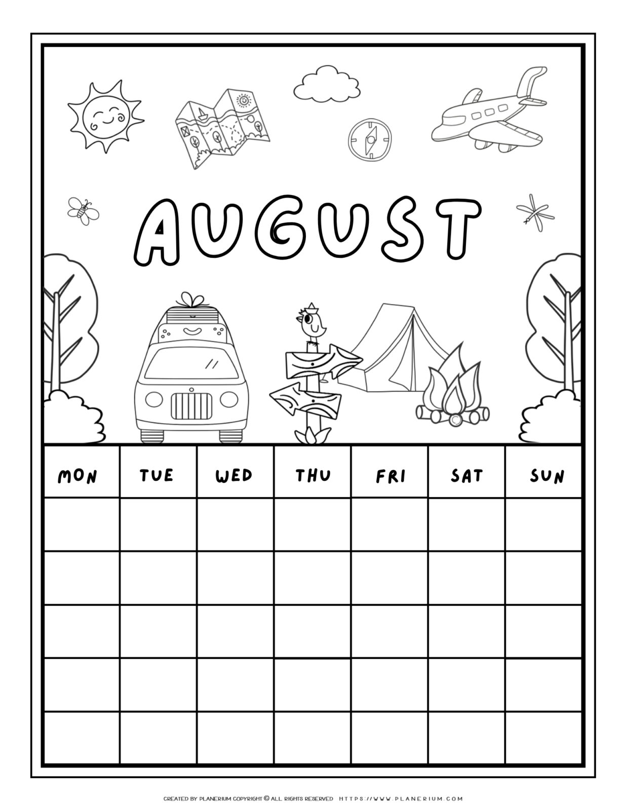 Printable August calendar coloring page with travel and camping illustrations like a car, tent, and airplane