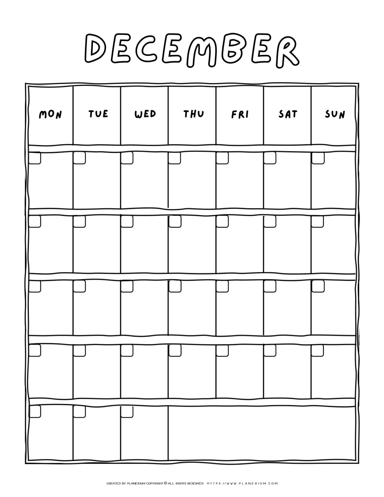 Printable blank December calendar with a Monday-to-Sunday grid