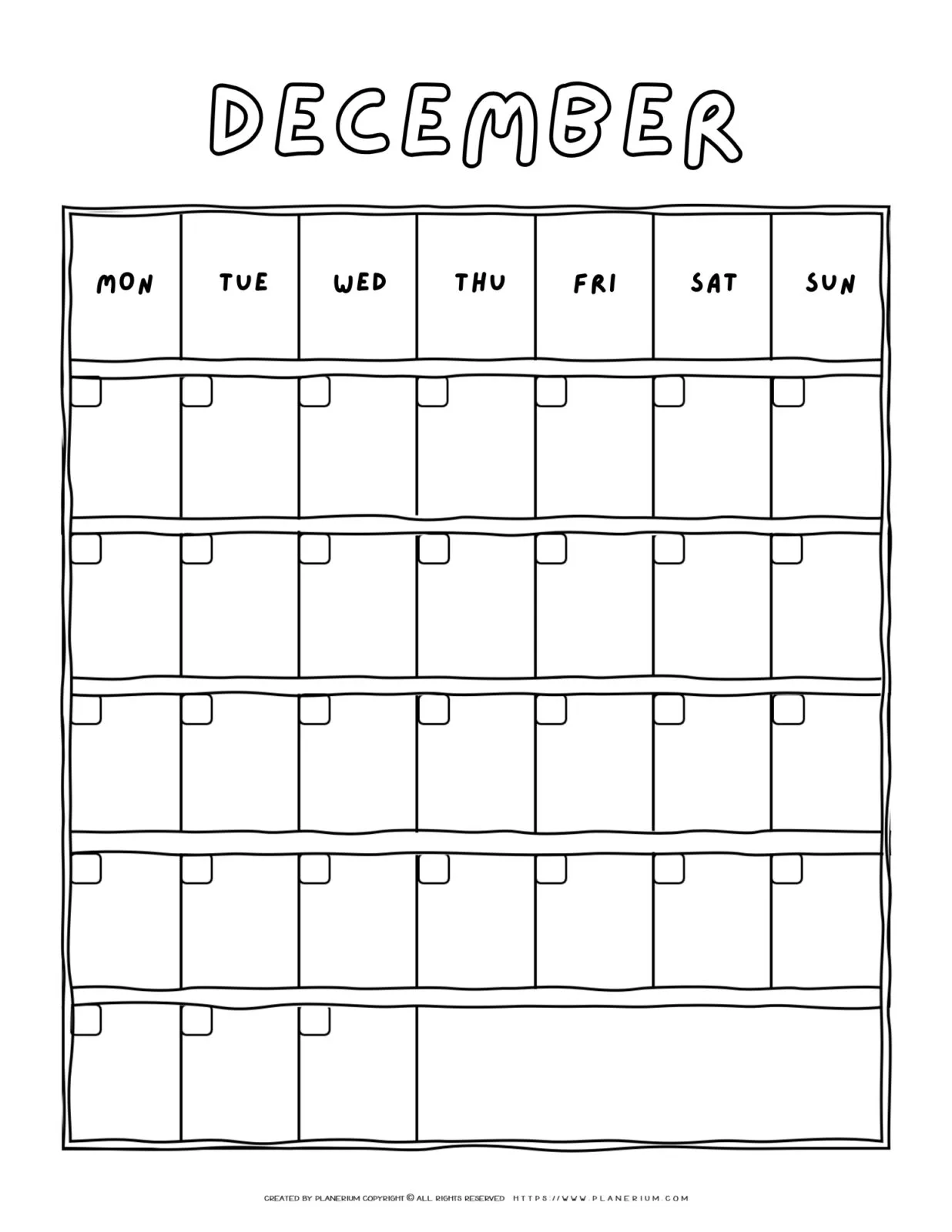Printable blank December calendar with a Monday-to-Sunday grid