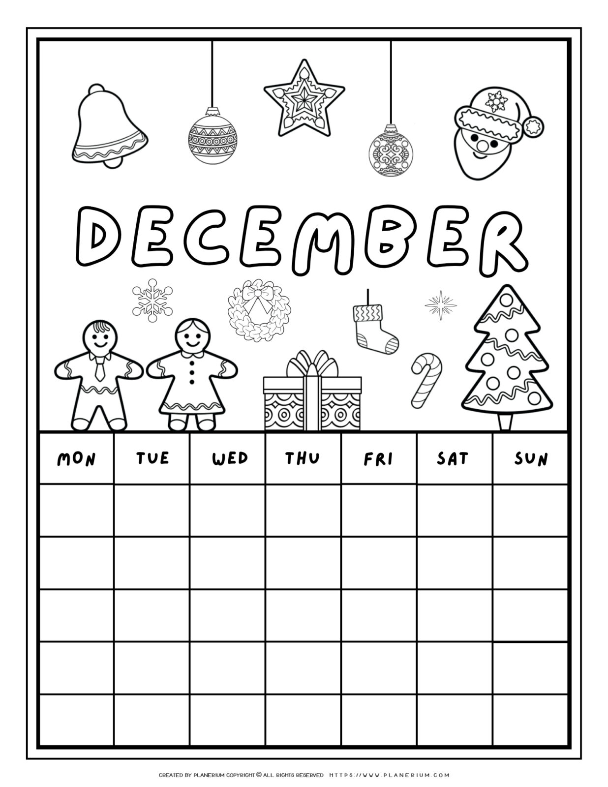 Printable December calendar coloring page with Christmas illustrations like a Christmas tree, gingerbread figures, and Santa